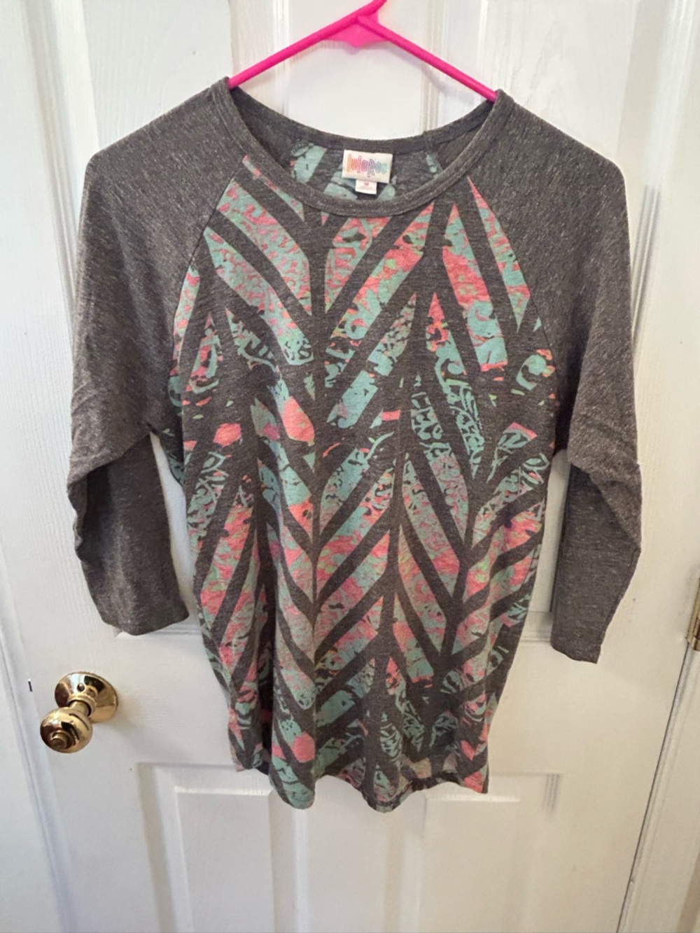 LuLaRoe Gray Long Sleeve Top with Pink & Aqua Chevron Print